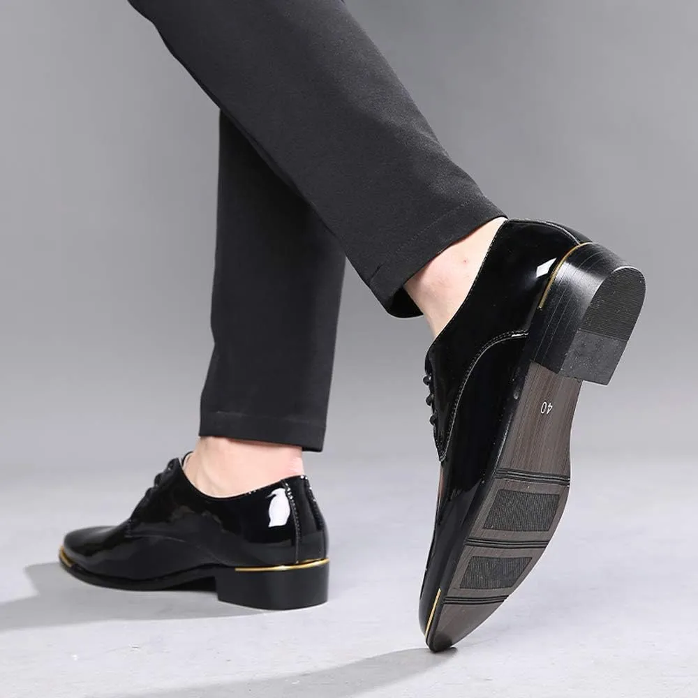 Dress Shoes Men Classic Pointed-Toe Patent Leather Lace-up Formal Oxford Shoes Black Brown Red Grey