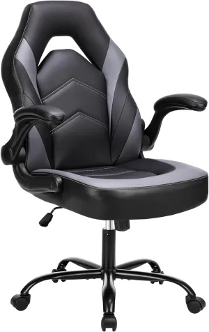 DUMOS Computer Game Desk Chair - Ergonomic PU Leather Lumbar Support, Height Adjustable High Back Video Game with Flip-up Armrest, Rolling Swivel for Adults, Grey