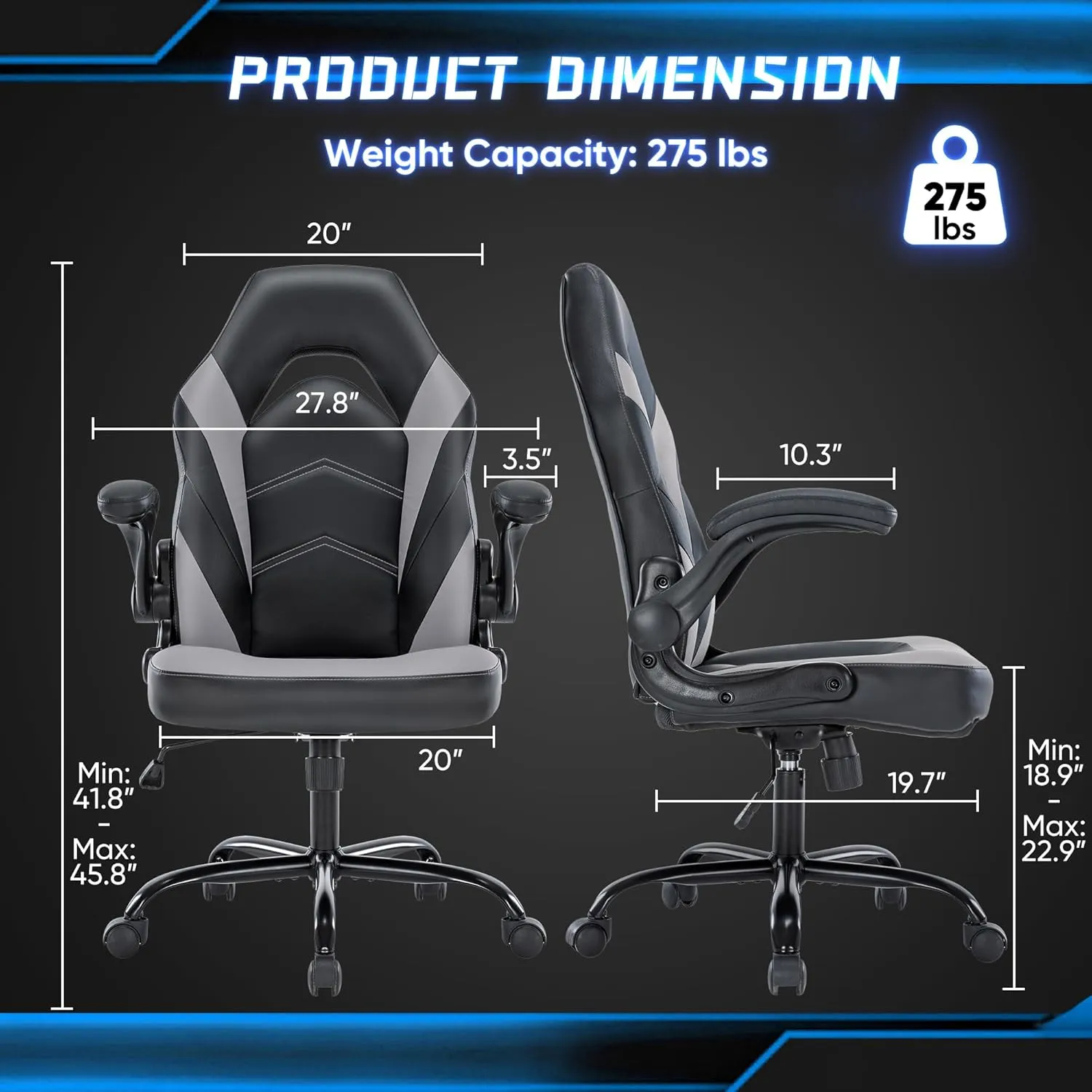 DUMOS Computer Game Desk Chair - Ergonomic PU Leather Lumbar Support, Height Adjustable High Back Video Game with Flip-up Armrest, Rolling Swivel for Adults, Grey