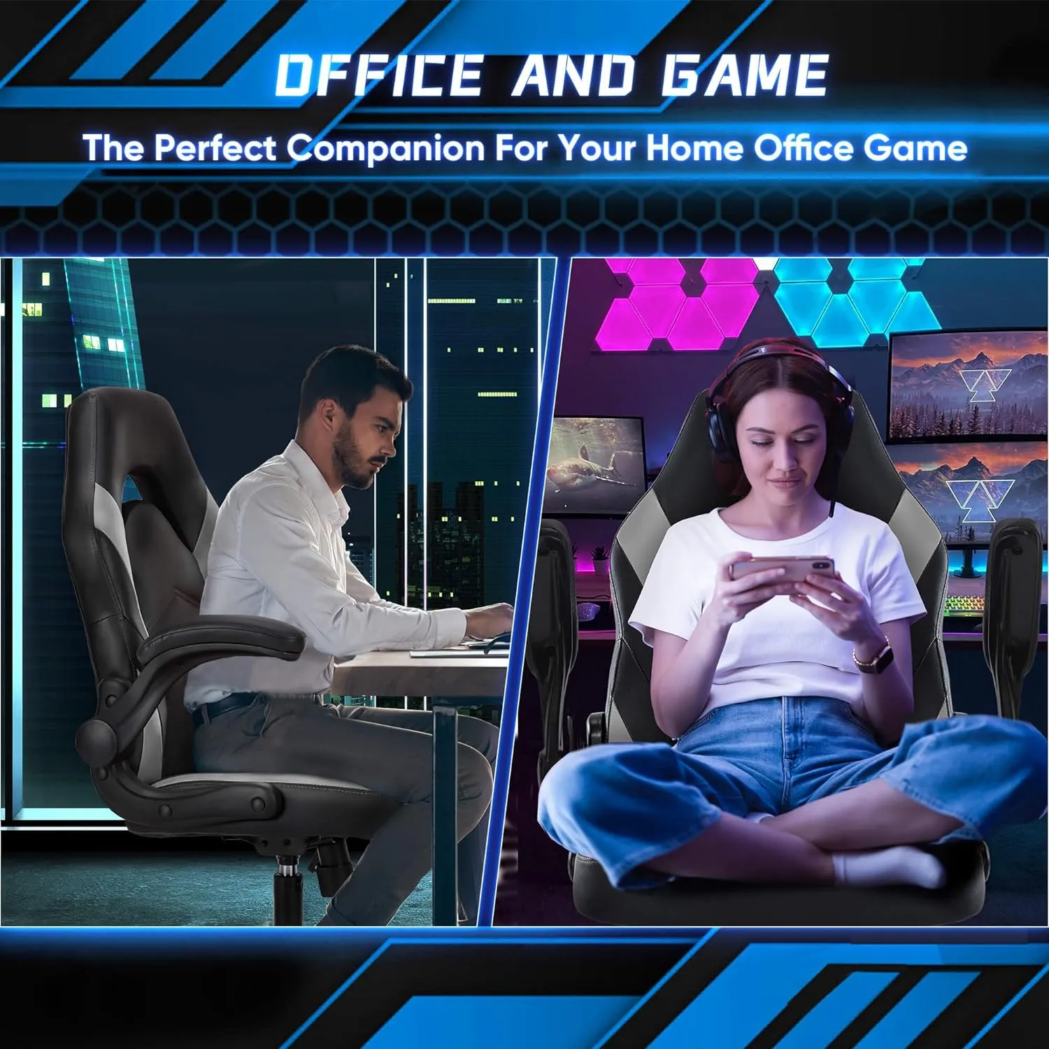 DUMOS Computer Game Desk Chair - Ergonomic PU Leather Lumbar Support, Height Adjustable High Back Video Game with Flip-up Armrest, Rolling Swivel for Adults, Grey