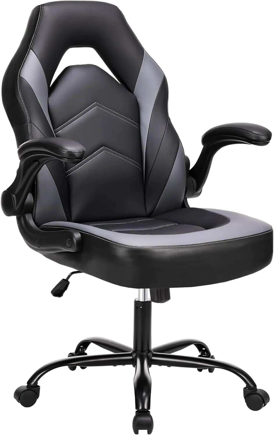 DUMOS Computer Game Desk Chair - Ergonomic PU Leather Lumbar Support, Height Adjustable High Back Video Game with Flip-up Armrest, Rolling Swivel for Adults, Grey