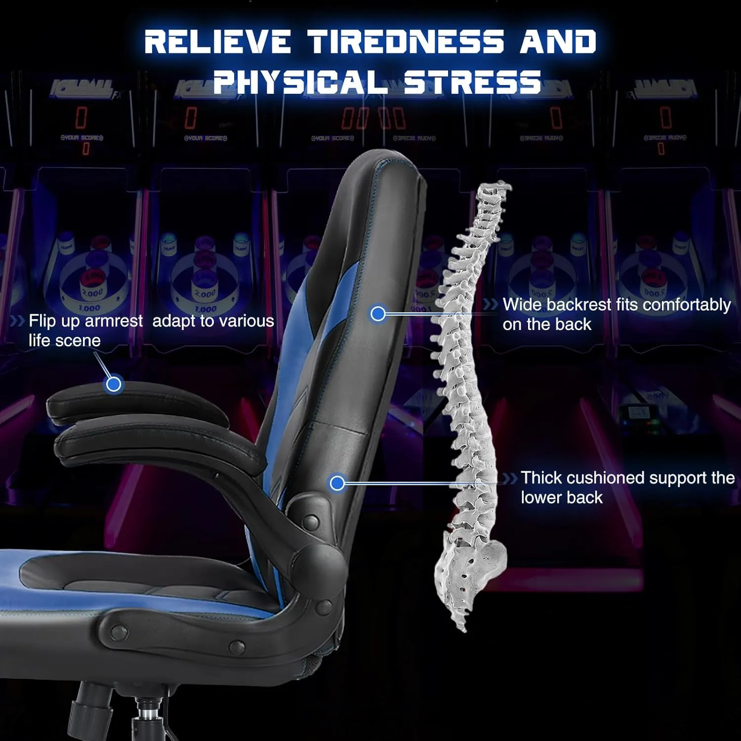 DUMOS Ergonomic Computer Gaming Chair - Home Office Desk with PU Leather Lumbar Support, Height Adjustable Big and Tall Video Game with Flip-up Armrest, Swivel Wheels for Adults and Teens
