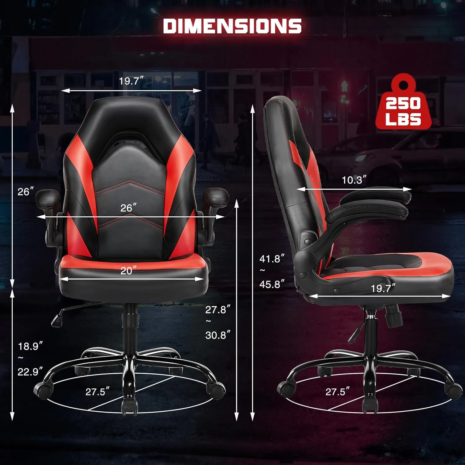 DUMOS Ergonomic Computer Gaming Chair - Home Office Desk with PU Leather Lumbar Support, Height Adjustable Big and Tall Video Game with Flip-up Armrest, Swivel Wheels for Adults and Teens