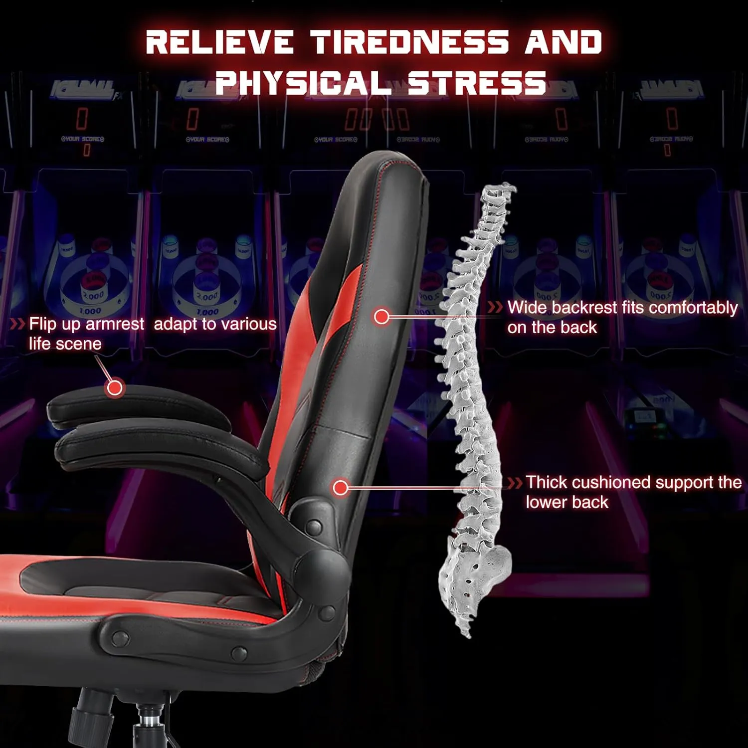 DUMOS Ergonomic Computer Gaming Chair - Home Office Desk with PU Leather Lumbar Support, Height Adjustable Big and Tall Video Game with Flip-up Armrest, Swivel Wheels for Adults and Teens