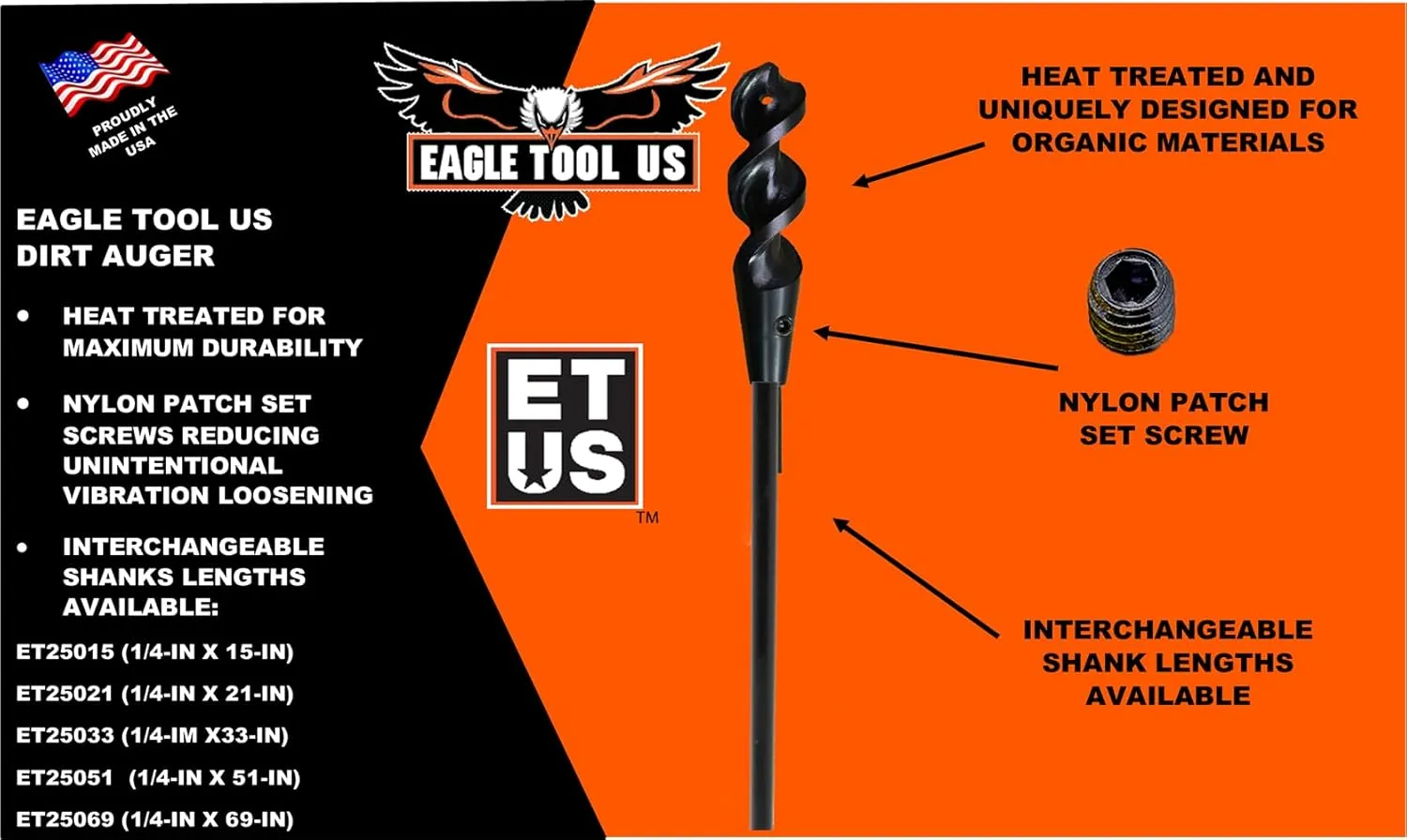 Eagle Tool US ETD75072 Dirt Auger, 3/4-Inch Head with 72-Inch by 1/4-Inch Shank Included, Made in The USA