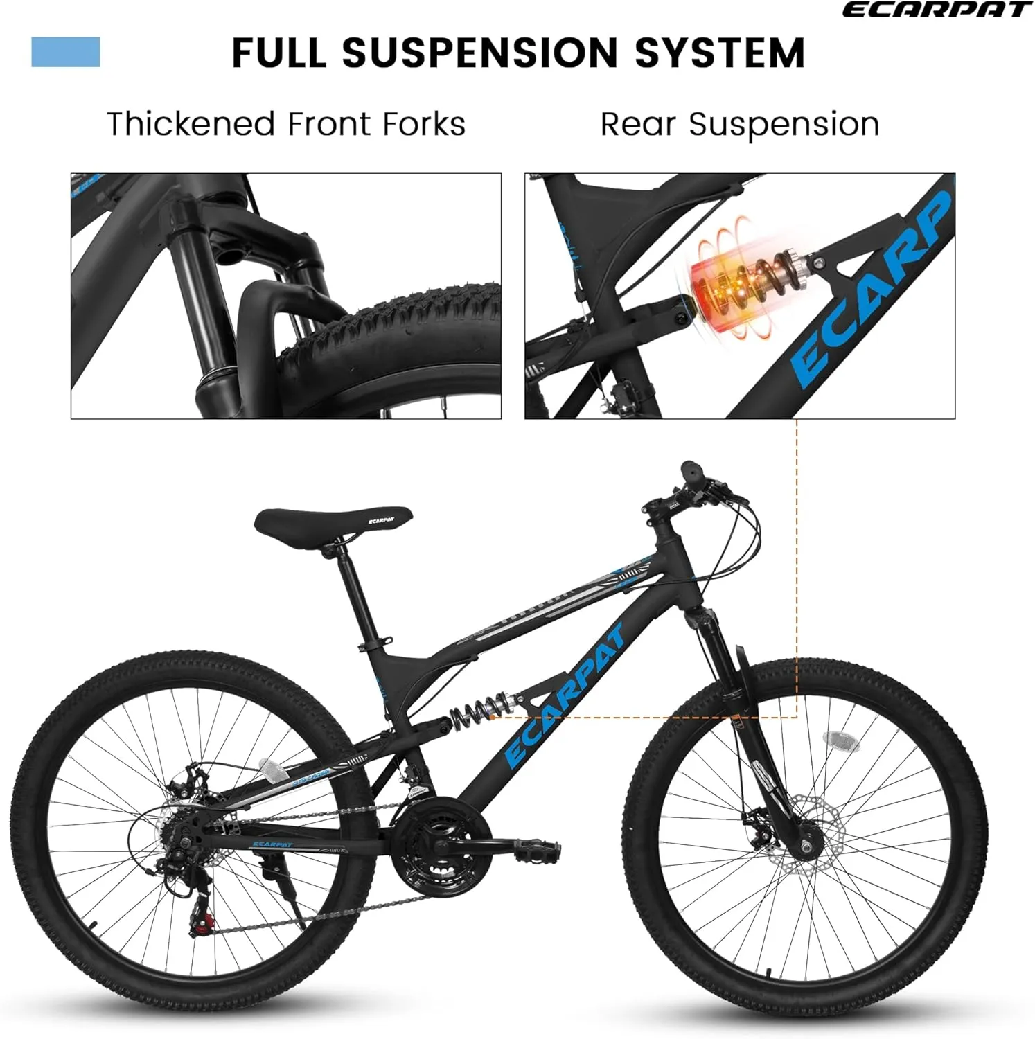 Ecarpat 24/26/27.5 Inch Mountain Bike, Dual/Front Suspension Mens Mountain Bike with 21 Speeds High-Carbon Steel Frame and Disc/V Brakes, Adult Sport Bicycle for Trail Snow Commuter City Road
