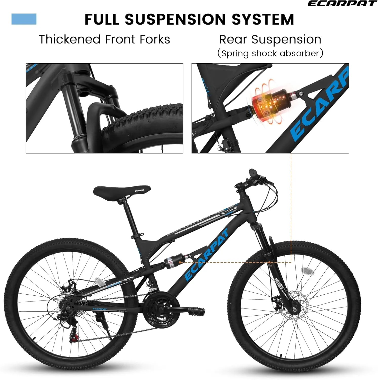 Ecarpat 24/26/27.5 Inch Mountain Bike, Dual/Front Suspension Mens Mountain Bike with 21 Speeds High-Carbon Steel Frame and Disc/V Brakes, Adult Sport Bicycle for Trail Snow Commuter City Road