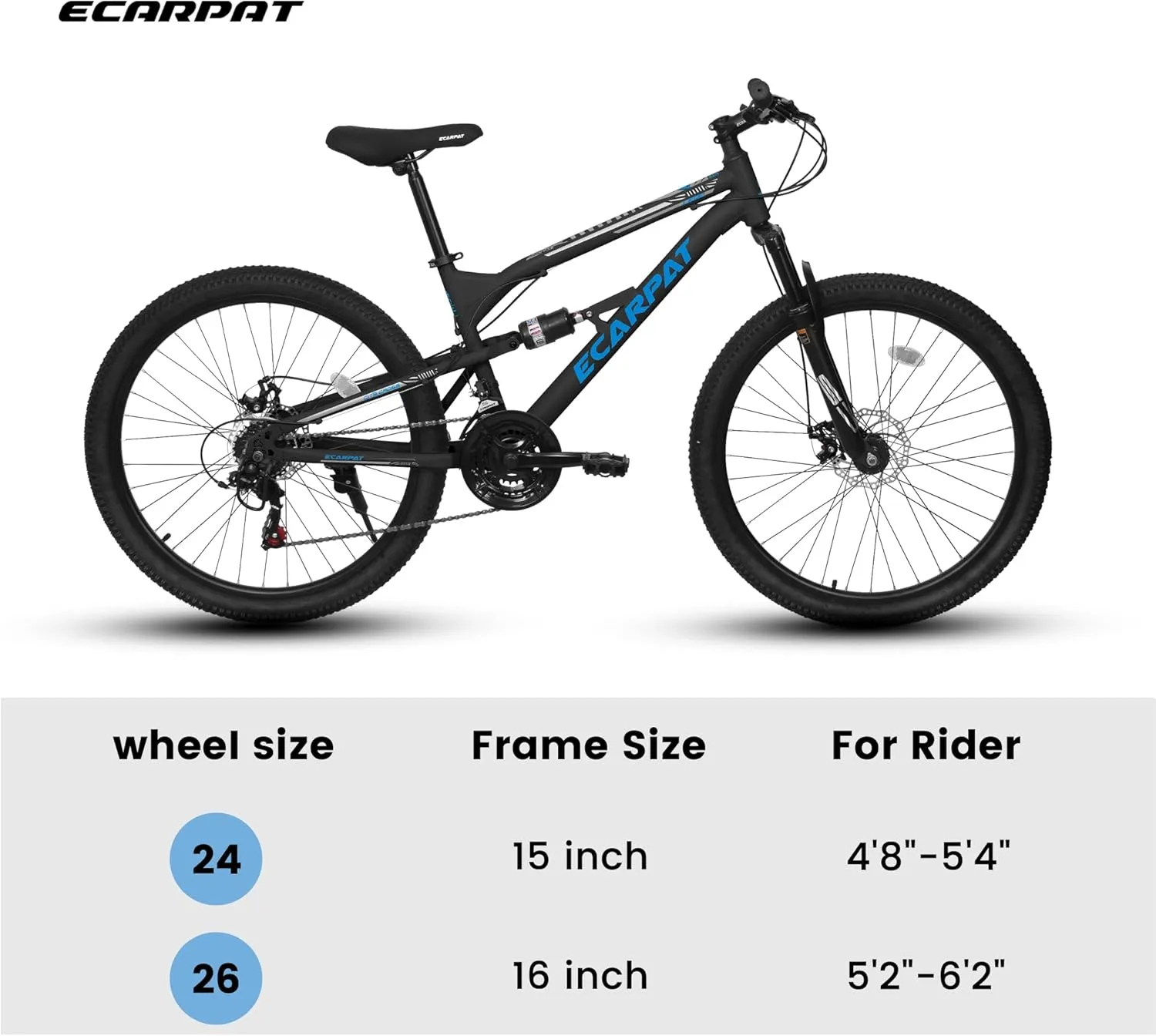 Ecarpat 24/26/27.5 Inch Mountain Bike, Dual/Front Suspension Mens Mountain Bike with 21 Speeds High-Carbon Steel Frame and Disc/V Brakes, Adult Sport Bicycle for Trail Snow Commuter City Road