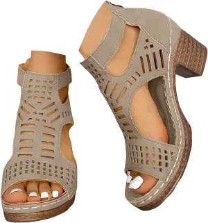 Eduavar Women's Wedge Sandals, Orthopedic Leather Peep Toe Cutout Zipper Chunky Heeled Sandals in White, Brown for Casual Wear