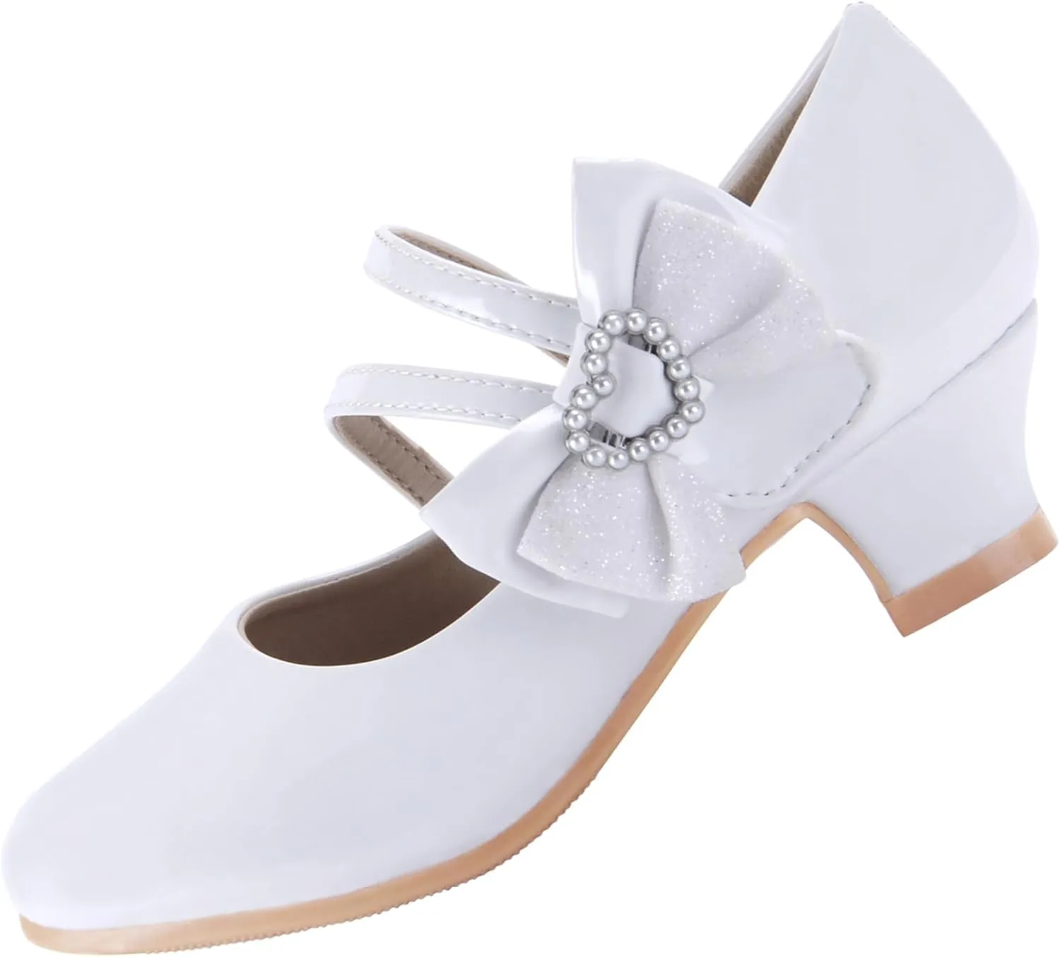 EIGHT KM Girls High Heel Dress Shoes Mary Jane Princess Wedding Party Pump Shoes EKM7035 Patent Leather Heart Pearl Bow White US Little Kid Size 13.5