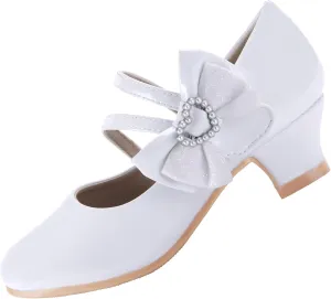 EIGHT KM Girls High Heel Dress Shoes Mary Jane Princess Wedding Party Pump Shoes EKM7035 Patent Leather Heart Pearl Bow White US Little Kid Size 13.5