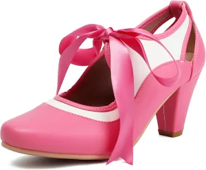 Elerhythm Women's Mary Jane Two Tone Lace Up Closed Round Toe Vintage Heels Gatsby 1950s Pumps 1920s Victorian Retro Shoes