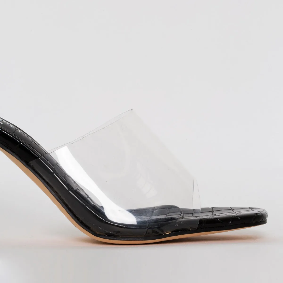 Elise Wide Fit Black Snake Print Clear Mid Heel Mules
