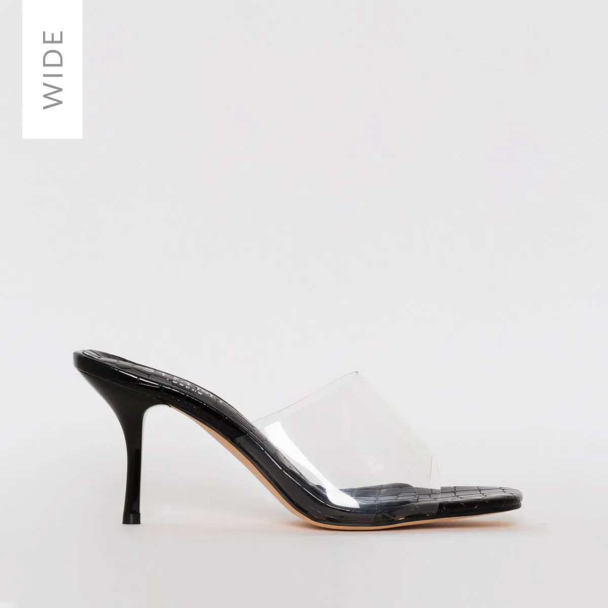 Elise Wide Fit Black Snake Print Clear Mid Heel Mules