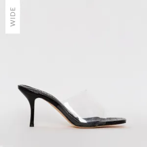 Elise Wide Fit Black Snake Print Clear Mid Heel Mules