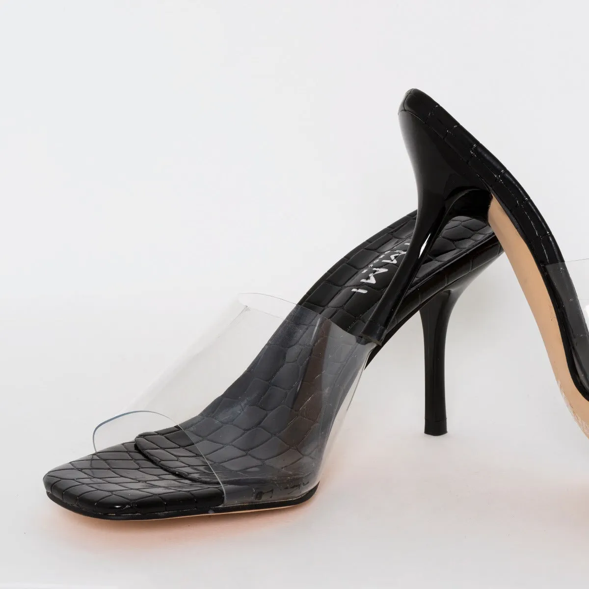 Elise Wide Fit Black Snake Print Clear Mid Heel Mules