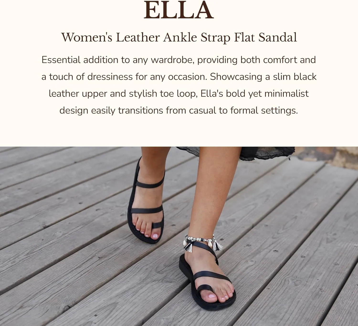 Ella - Leather Ankle Strap Flat Sandal - Womens Sandals