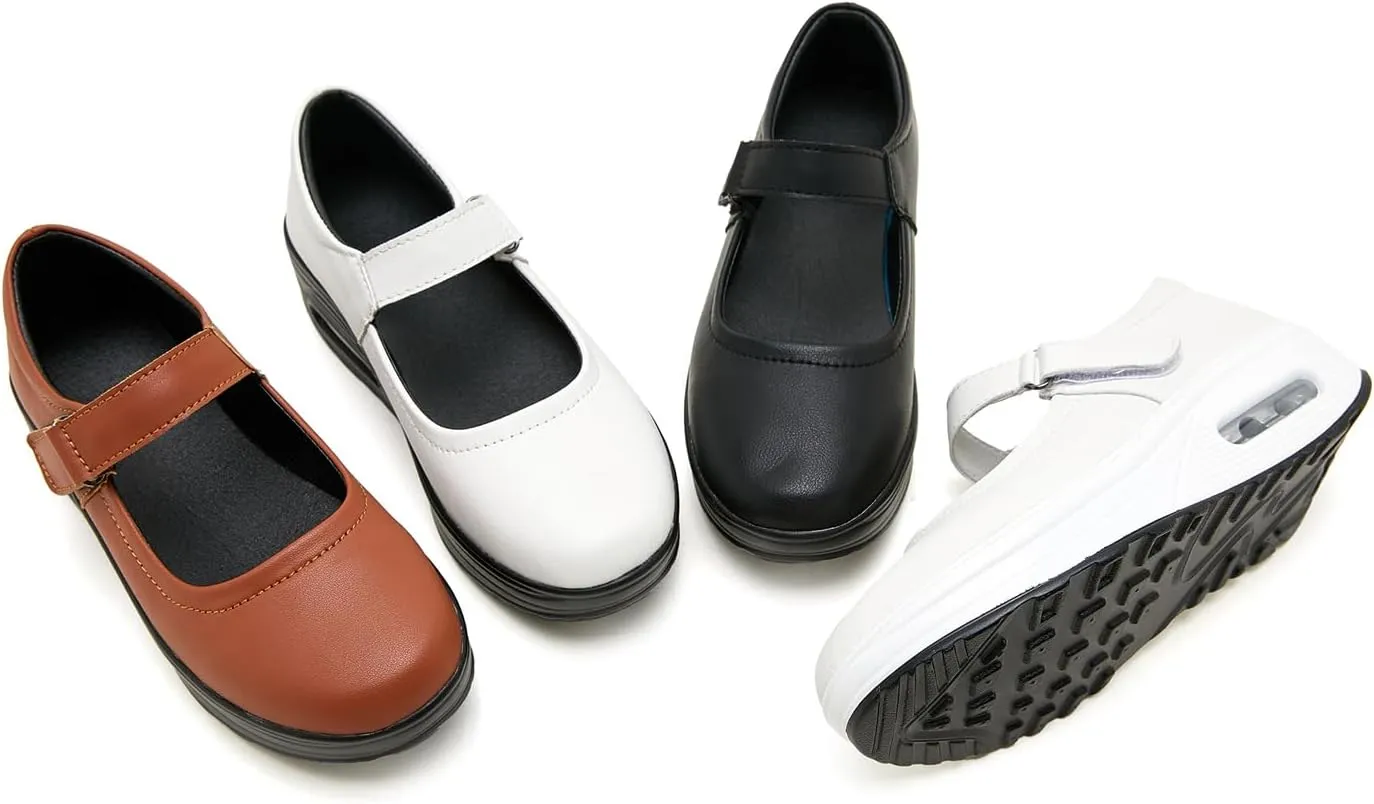 EnllerviiD Women Mary Jane Shoes Buckle Air-Cushion Casual Chunky Heel Round Toe Uniform Dress Platform Wedge Shoes Comfort Pumps Walking Shoes