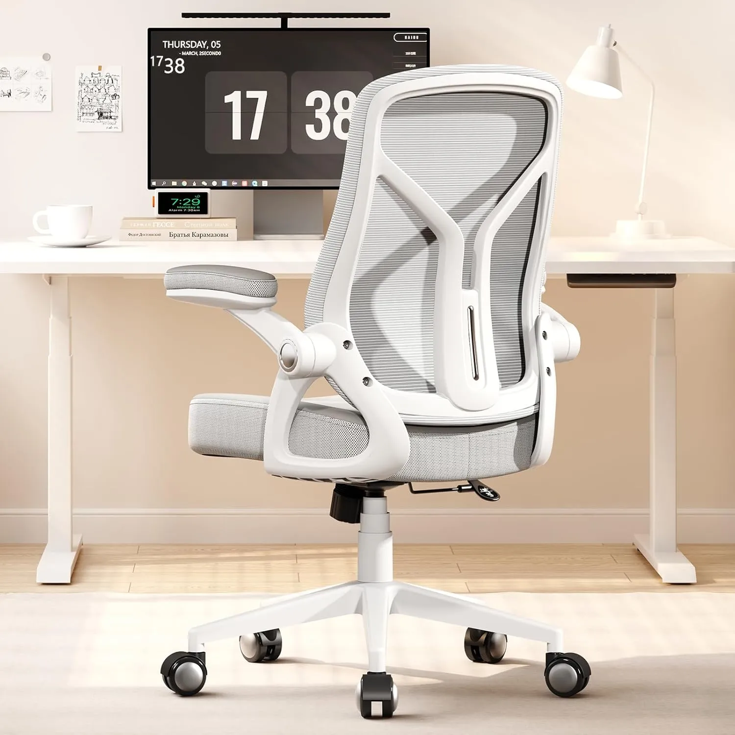 Ergonomic Office Desk Chair, PU Leather Home Office Desk Chair, Mesh Mid-Back Computer Chair, Flip-up Armrests Executive Task Chair (Grey)
