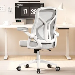 Ergonomic Office Desk Chair, PU Leather Home Office Desk Chair, Mesh Mid-Back Computer Chair, Flip-up Armrests Executive Task Chair (Grey)