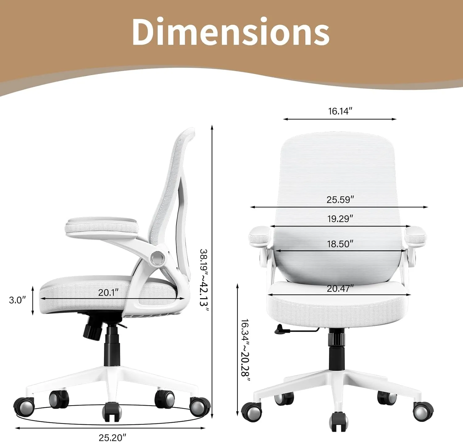 Ergonomic Office Desk Chair, PU Leather Home Office Desk Chair, Mesh Mid-Back Computer Chair, Flip-up Armrests Executive Task Chair (White)