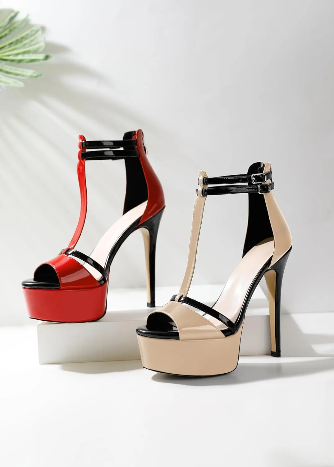 Esvowido Platform Heels for Women Open Toe T-Strappy Heeled Sandals Stiletto High Heels 5.5 Inch Double Ankle Strap Strappy Pump Shoes with Back Zipper Black US Size 10