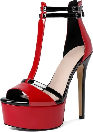 Esvowido Platform Heels for Women Open Toe T-Strappy Heeled Sandals Stiletto High Heels 5.5 Inch Double Ankle Strap Strappy Pump Shoes with Back Zipper Black US Size 10