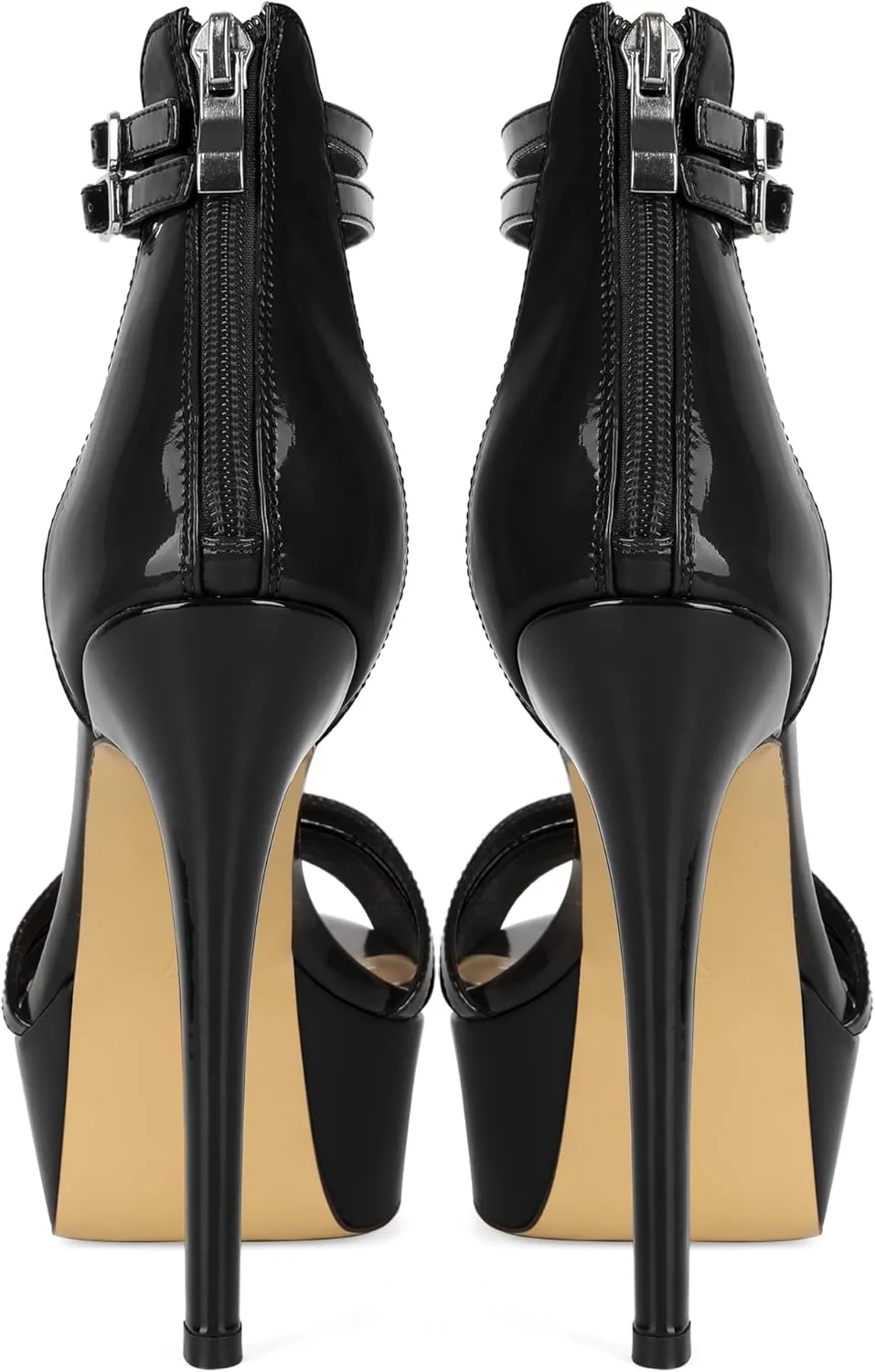 Esvowido Platform Heels for Women Open Toe T-Strappy Heeled Sandals Stiletto High Heels 5.5 Inch Double Ankle Strap Strappy Pump Shoes with Back Zipper Black US Size 10