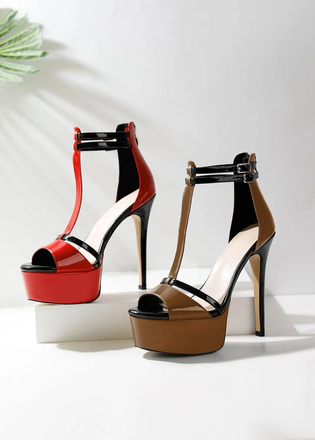 Esvowido Platform Heels for Women Open Toe T-Strappy Heeled Sandals Stiletto High Heels 5.5 Inch Double Ankle Strap Strappy Pump Shoes with Back Zipper Black US Size 10