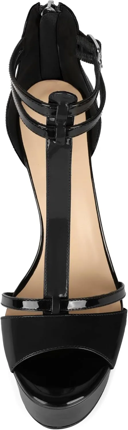Esvowido Platform Heels for Women Open Toe T-Strappy Heeled Sandals Stiletto High Heels 5.5 Inch Double Ankle Strap Strappy Pump Shoes with Back Zipper Black US Size 10