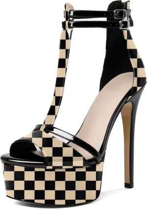Esvowido Platform Heels for Women Open Toe T-Strappy Heeled Sandals Stiletto High Heels 5.5 Inch Double Ankle Strap Strappy Pump Shoes with Back Zipper Black US Size 10
