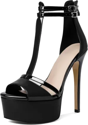 Esvowido Platform Heels for Women Open Toe T-Strappy Heeled Sandals Stiletto High Heels 5.5 Inch Double Ankle Strap Strappy Pump Shoes with Back Zipper Black US Size 10