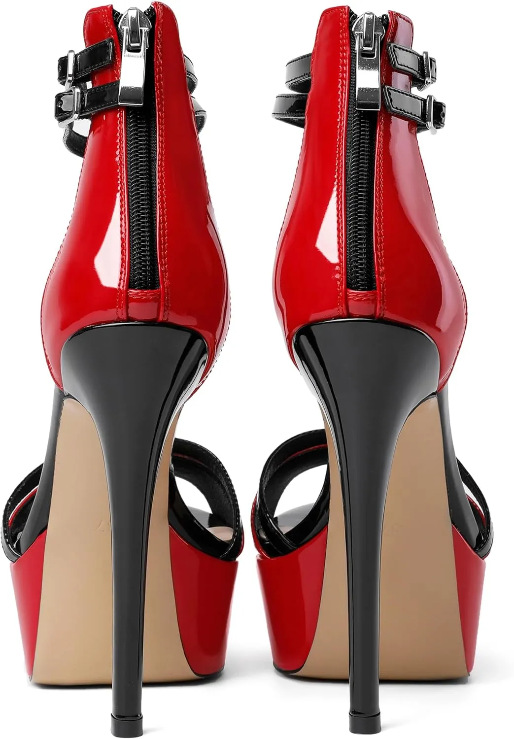 Esvowido Platform Heels for Women Open Toe T-Strappy Heeled Sandals Stiletto High Heels 5.5 Inch Double Ankle Strap Strappy Pump Shoes with Back Zipper Black US Size 10