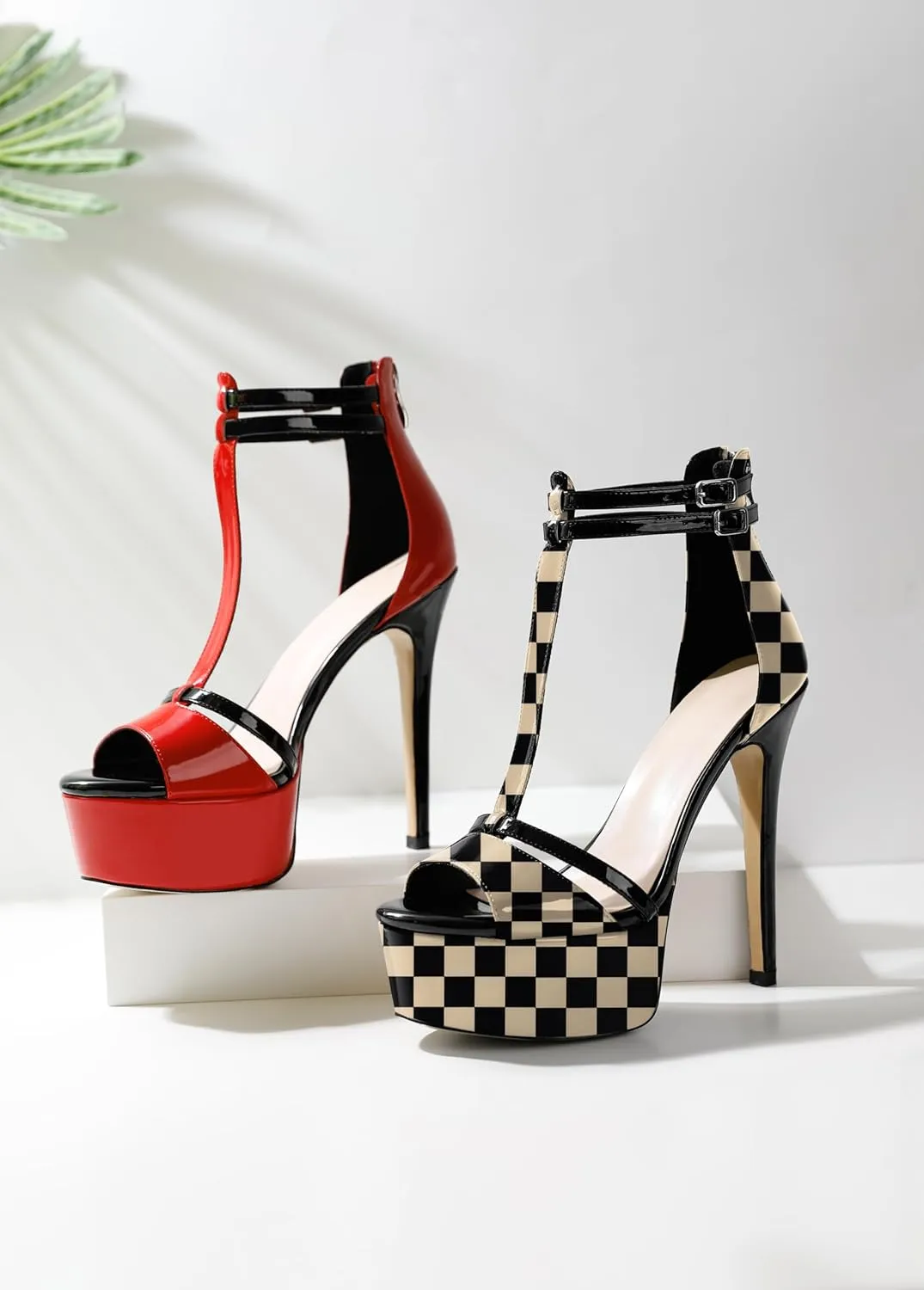 Esvowido Platform Heels for Women Open Toe T-Strappy Heeled Sandals Stiletto High Heels 5.5 Inch Double Ankle Strap Strappy Pump Shoes with Back Zipper Black US Size 10