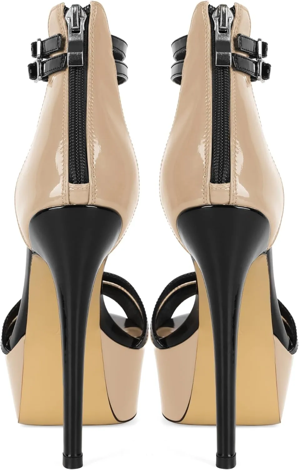 Esvowido Platform Heels for Women Open Toe T-Strappy Heeled Sandals Stiletto High Heels 5.5 Inch Double Ankle Strap Strappy Pump Shoes with Back Zipper Black US Size 10