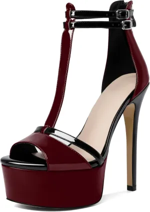 Esvowido Platform Heels for Women Open Toe T-Strappy Heeled Sandals Stiletto High Heels 5.5 Inch Double Ankle Strap Strappy Pump Shoes with Back Zipper Black US Size 10