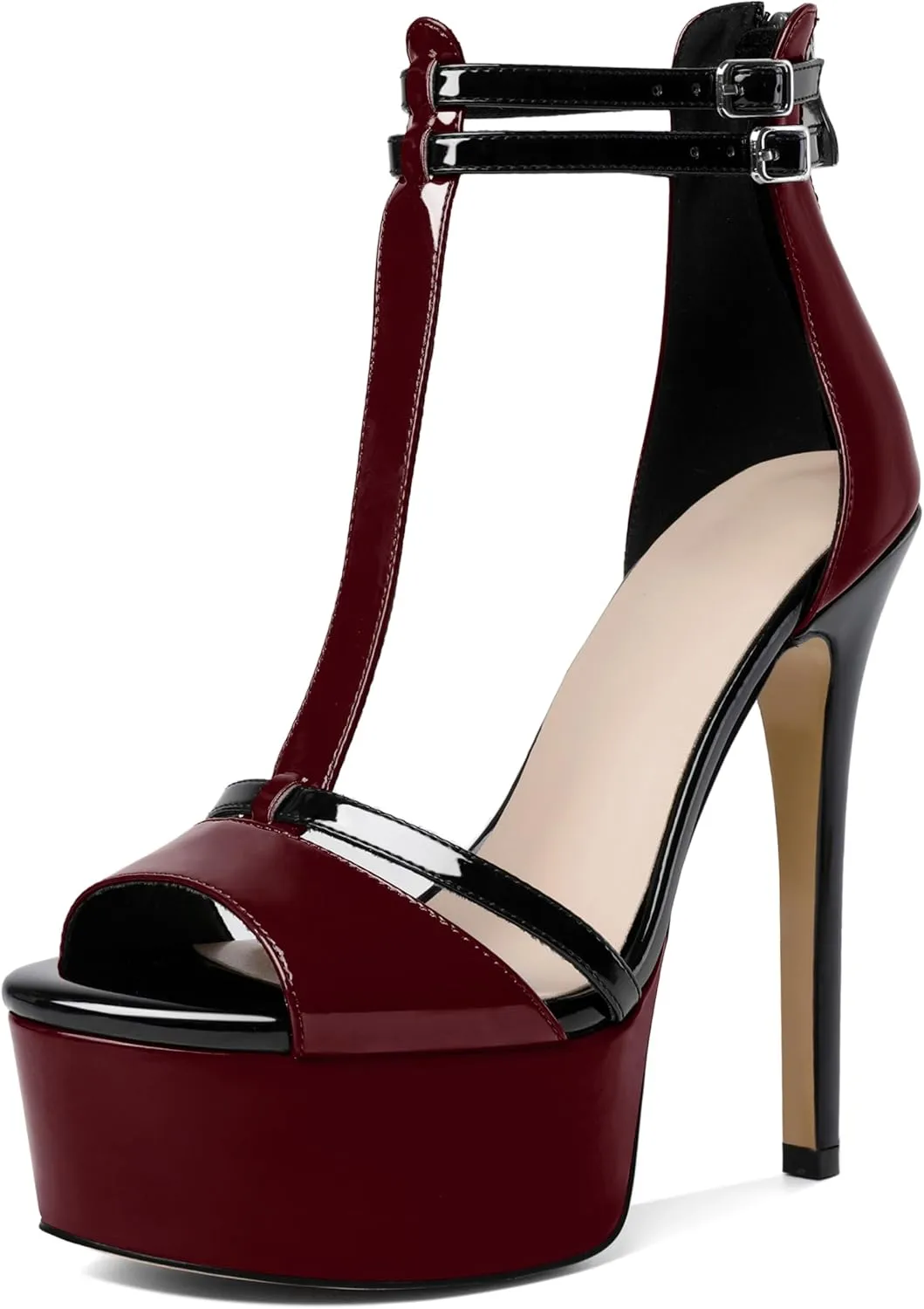 Esvowido Platform Heels for Women Open Toe T-Strappy Heeled Sandals Stiletto High Heels 5.5 Inch Double Ankle Strap Strappy Pump Shoes with Back Zipper Black US Size 10