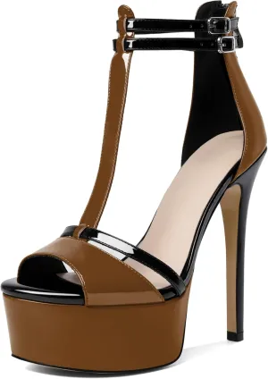 Esvowido Platform Heels for Women Open Toe T-Strappy Heeled Sandals Stiletto High Heels 5.5 Inch Double Ankle Strap Strappy Pump Shoes with Back Zipper Black US Size 10