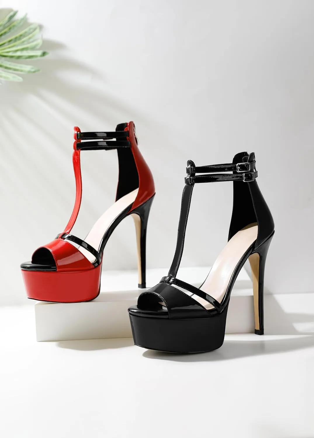 Esvowido Platform Heels for Women Open Toe T-Strappy Heeled Sandals Stiletto High Heels 5.5 Inch Double Ankle Strap Strappy Pump Shoes with Back Zipper Black US Size 10