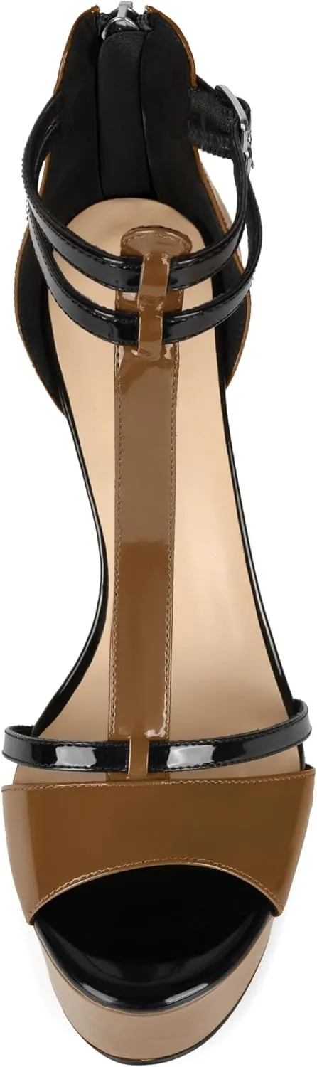 Esvowido Platform Heels for Women Open Toe T-Strappy Heeled Sandals Stiletto High Heels 5.5 Inch Double Ankle Strap Strappy Pump Shoes with Back Zipper Black US Size 10