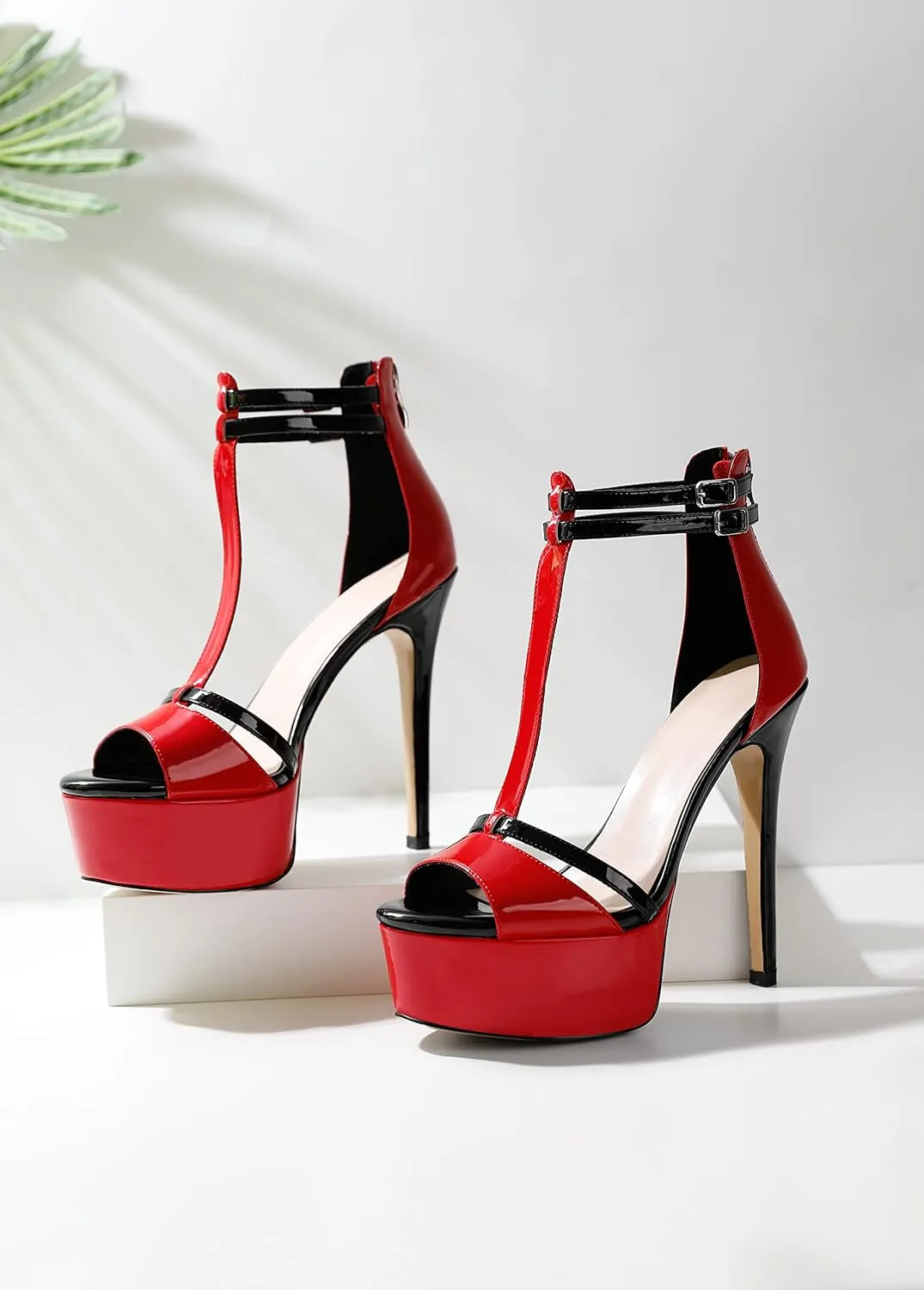 Esvowido Platform Heels for Women Open Toe T-Strappy Heeled Sandals Stiletto High Heels 5.5 Inch Double Ankle Strap Strappy Pump Shoes with Back Zipper Black US Size 10