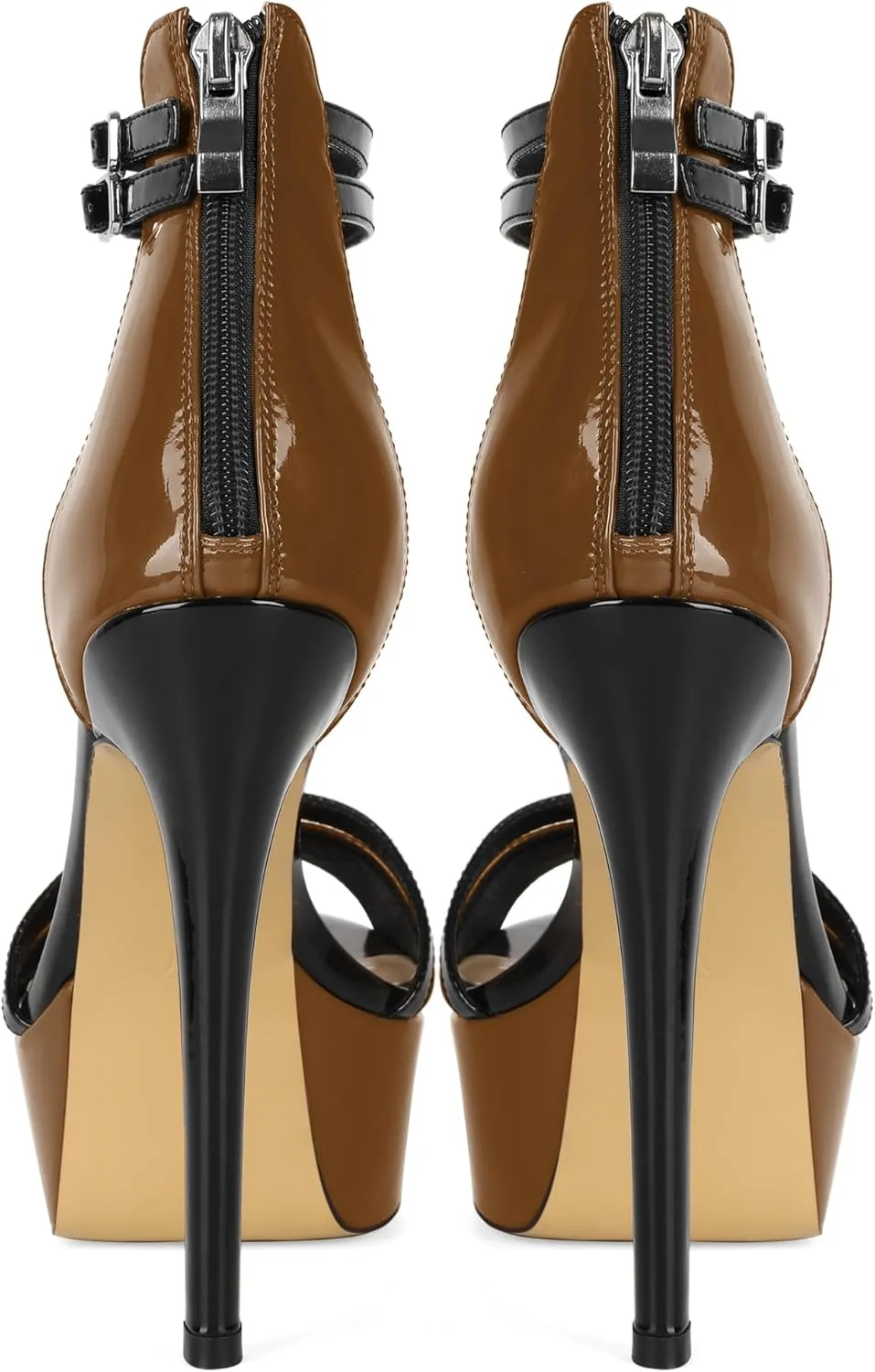 Esvowido Platform Heels for Women Open Toe T-Strappy Heeled Sandals Stiletto High Heels 5.5 Inch Double Ankle Strap Strappy Pump Shoes with Back Zipper Black US Size 10