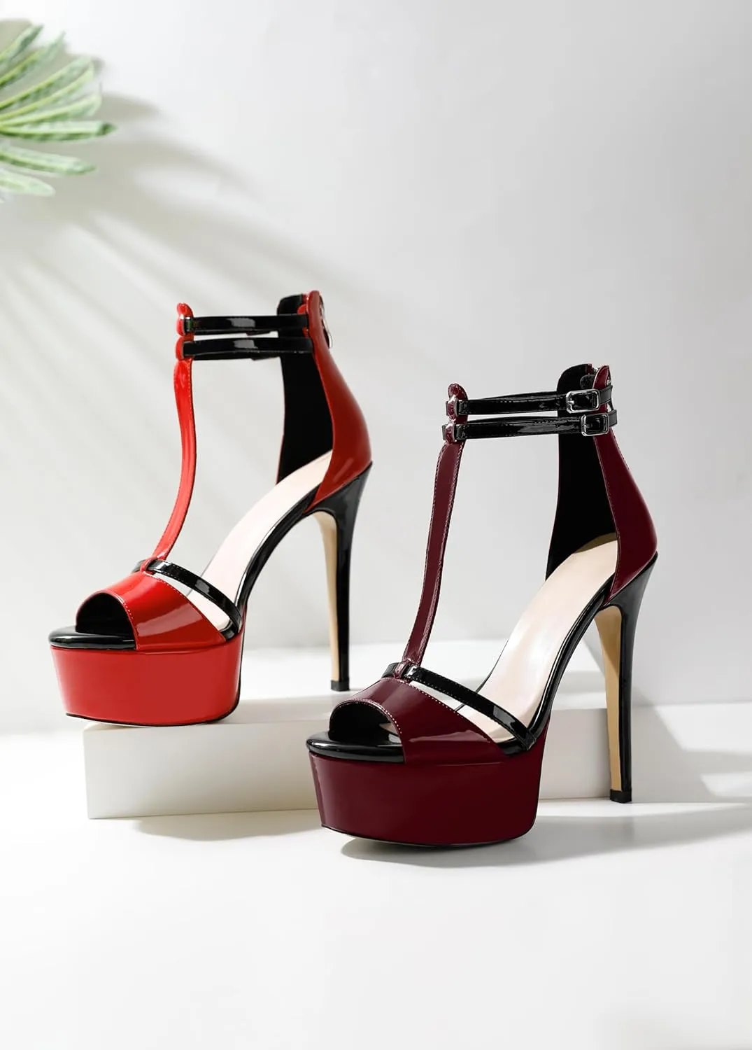 Esvowido Platform Heels for Women Open Toe T-Strappy Heeled Sandals Stiletto High Heels 5.5 Inch Double Ankle Strap Strappy Pump Shoes with Back Zipper Black US Size 10