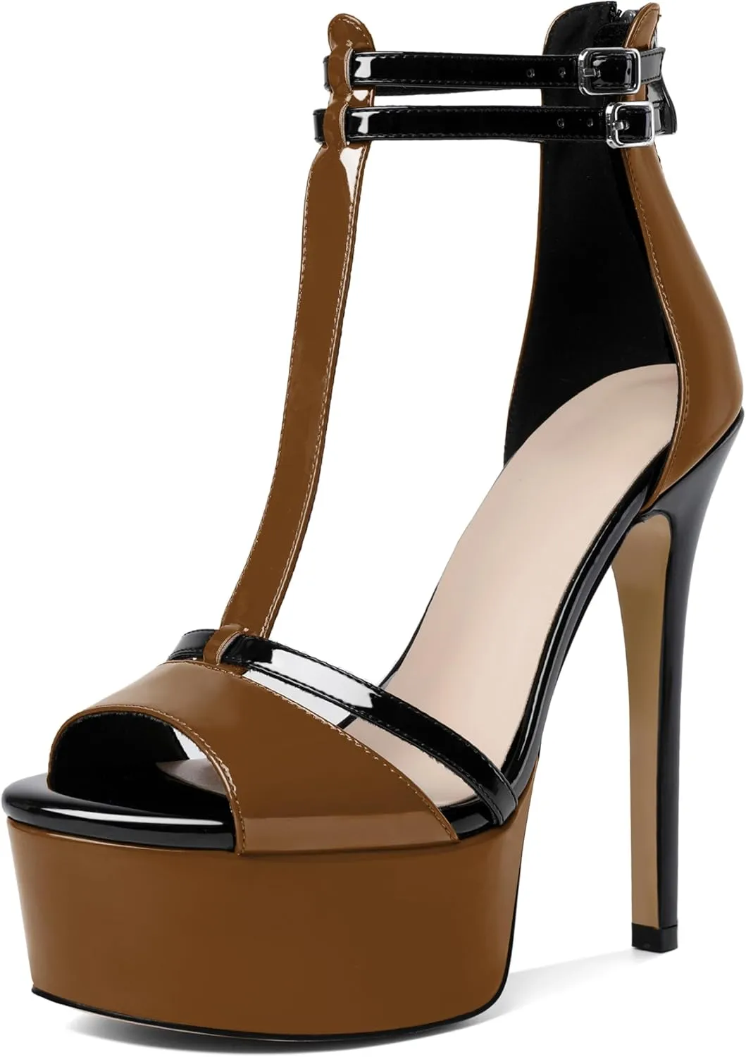 Esvowido Platform Heels for Women Open Toe T-Strappy Heeled Sandals Stiletto High Heels 5.5 Inch Double Ankle Strap Strappy Pump Shoes with Back Zipper Black US Size 10