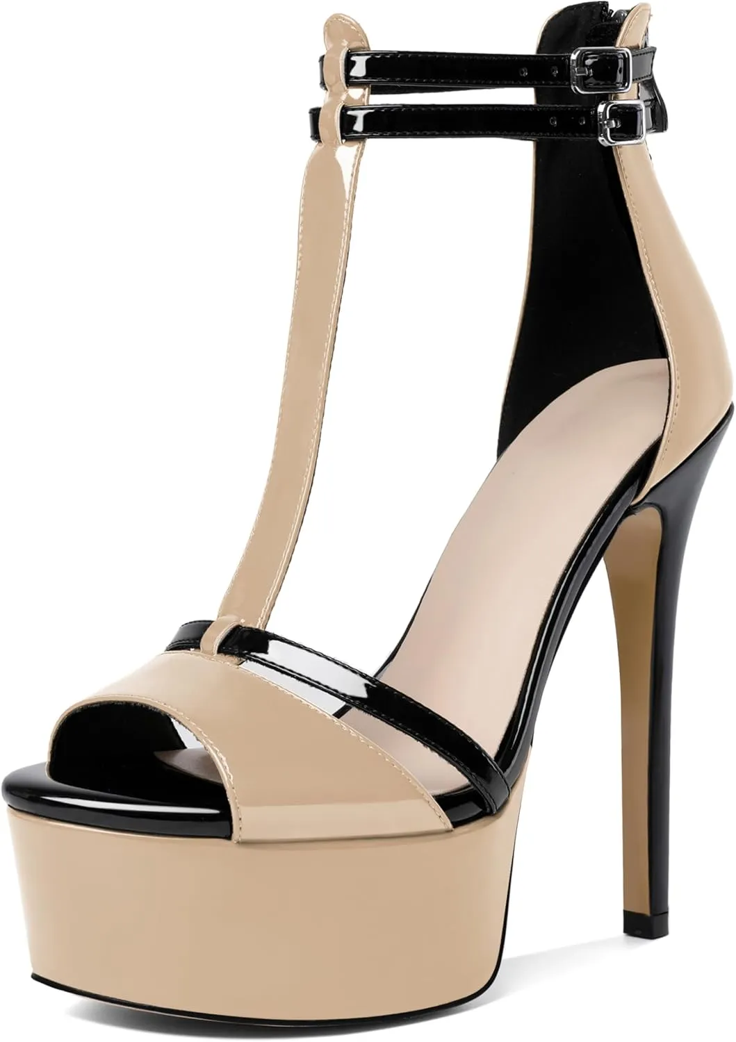 Esvowido Platform Heels for Women Open Toe T-Strappy Heeled Sandals Stiletto High Heels 5.5 Inch Double Ankle Strap Strappy Pump Shoes with Back Zipper Black US Size 10