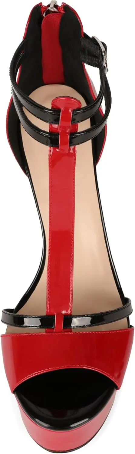 Esvowido Platform Heels for Women Open Toe T-Strappy Heeled Sandals Stiletto High Heels 5.5 Inch Double Ankle Strap Strappy Pump Shoes with Back Zipper Black US Size 10