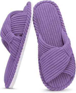 Evshine Summer House Slippers for Women Corduroy Cross Bow Indoor Slippers Open Toe Slip On Bedroom Shoes with Memory Foam