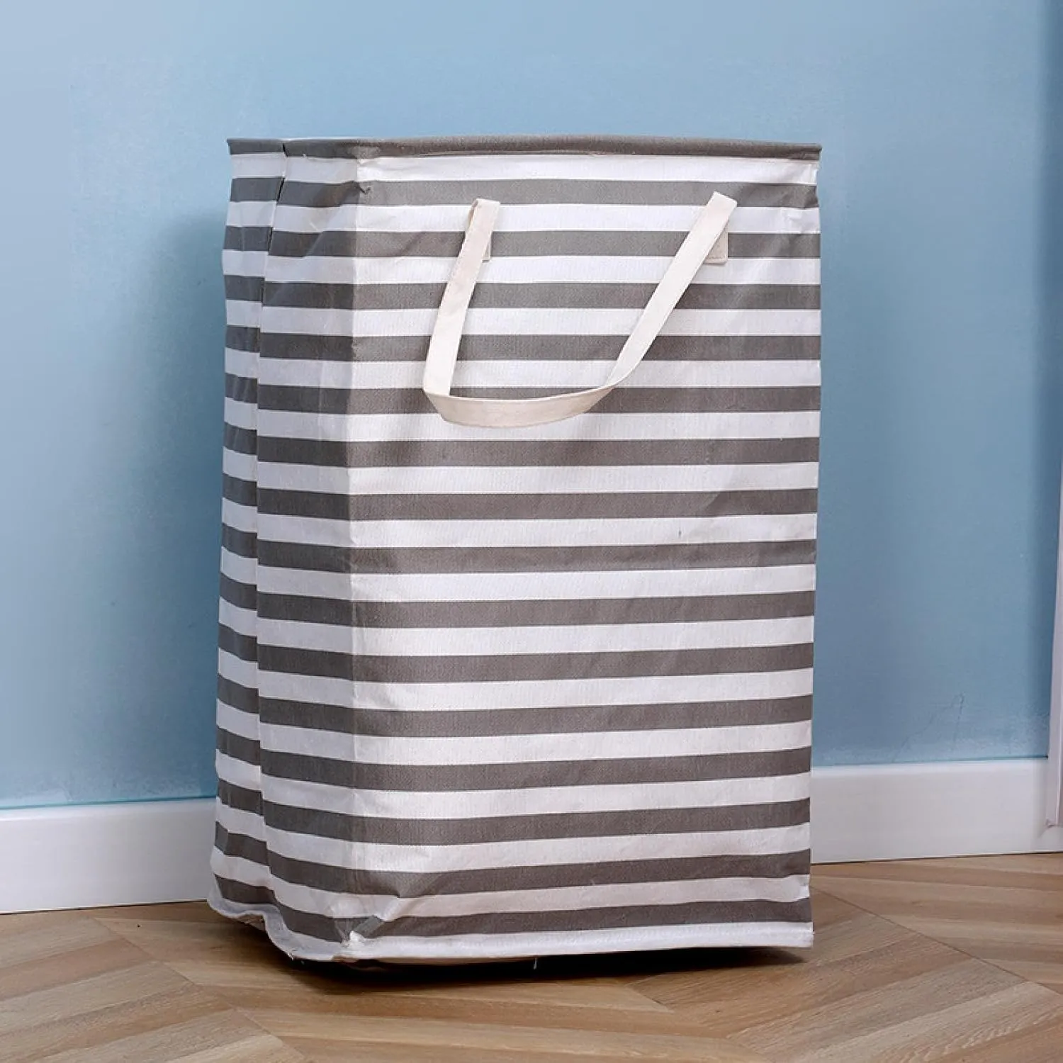 Fabric stripe storage bag, foldable and elongated handles, dirty clothes basket, laundry canvas storage bag