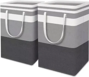 Fabric stripe storage bag, foldable and elongated handles, dirty clothes basket, laundry canvas storage bag