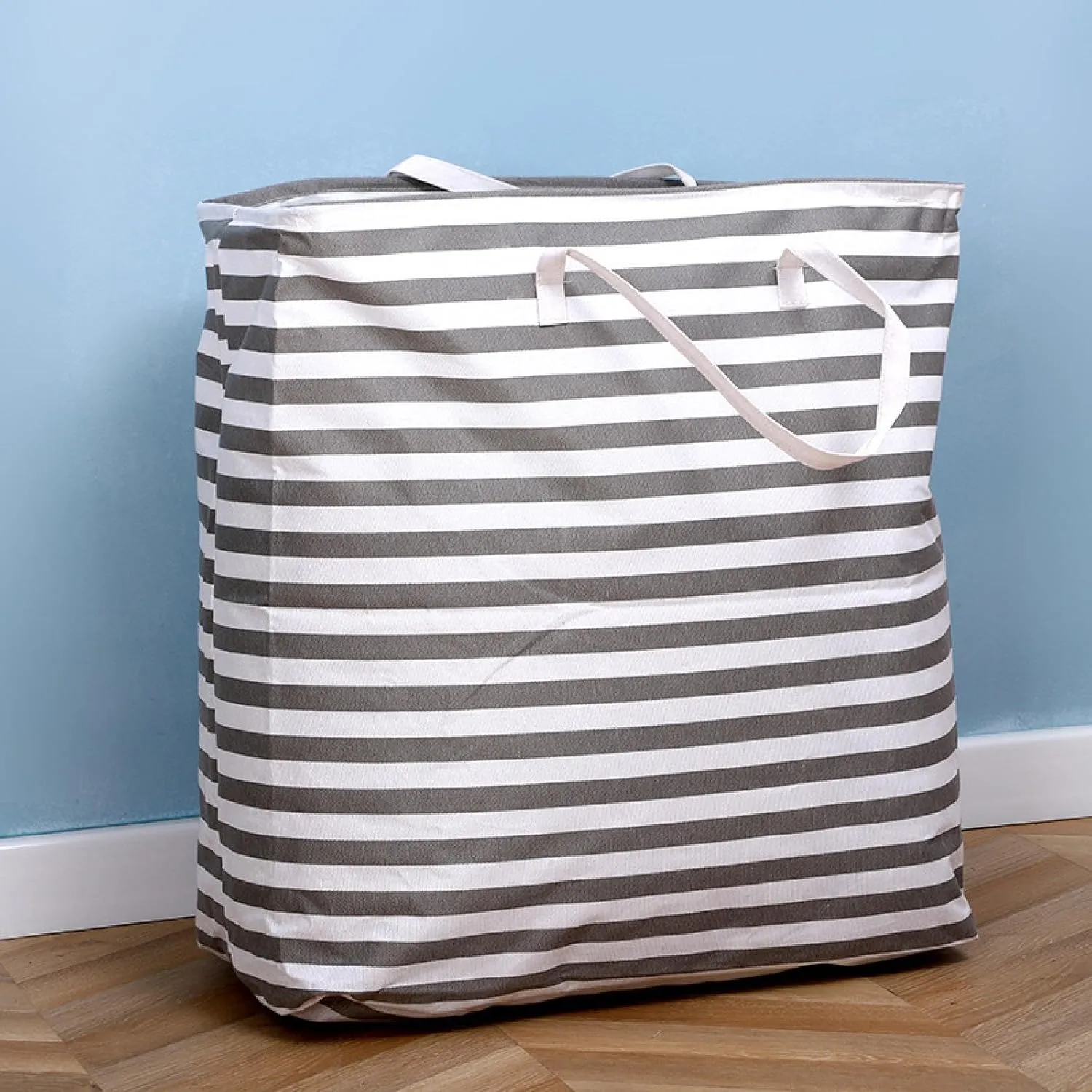 Fabric stripe storage bag, foldable and elongated handles, dirty clothes basket, laundry canvas storage bag